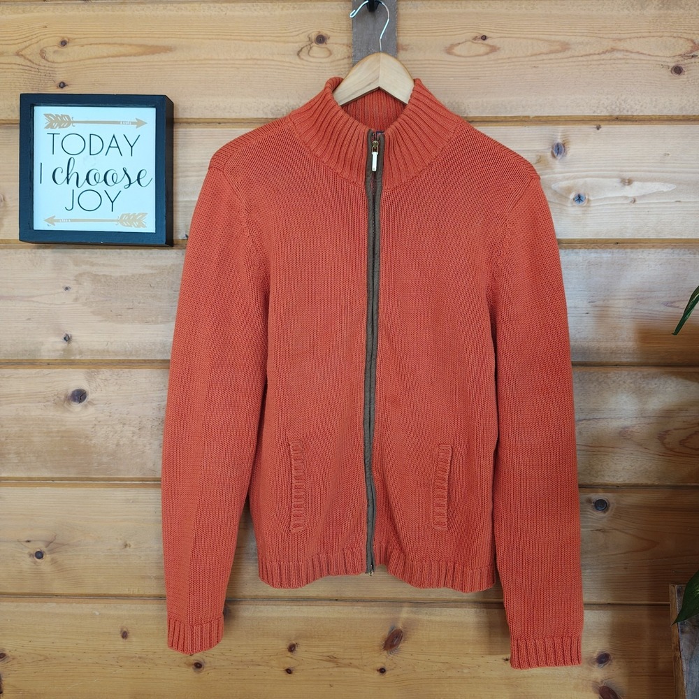 Ralph Lauren Vintage Y2K Burnt Orange Ribbed Knit Zip Up Sweater Preppy Sz Large - Picture 2 of 10